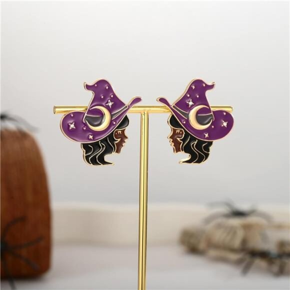 WOWORAMA Witch Earrings | Purple Hat with Crescent & Stars - Picture 2 of 6